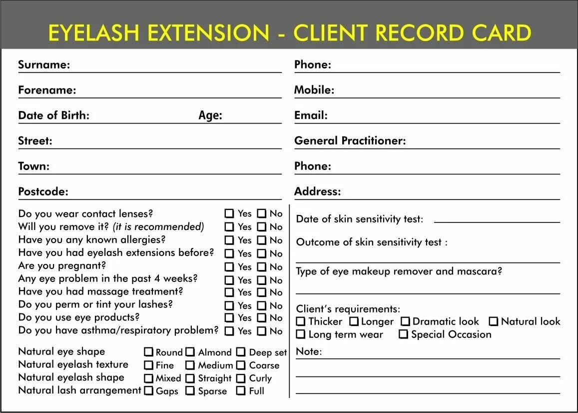 Client extension. Treatment Cards. Lash Boss client recording book. Custom client Card.
