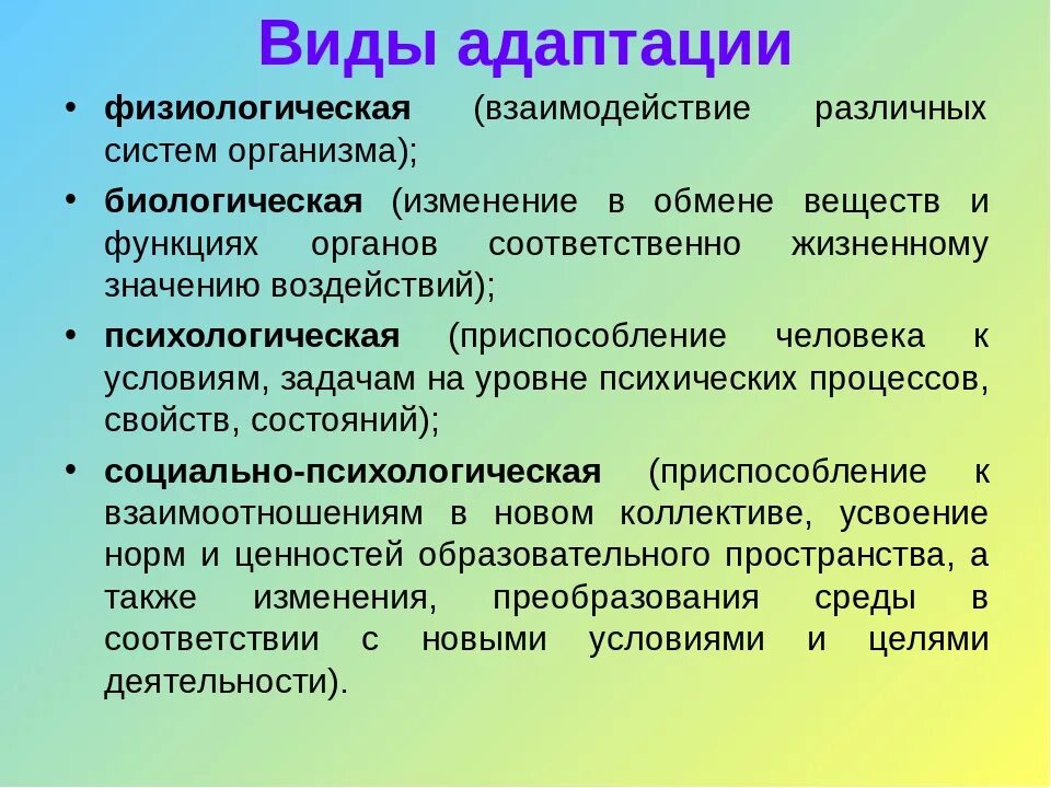 Играть первостепенную роль. Виды адаптации. Типы адаптации человека. Основные виды адаптации.