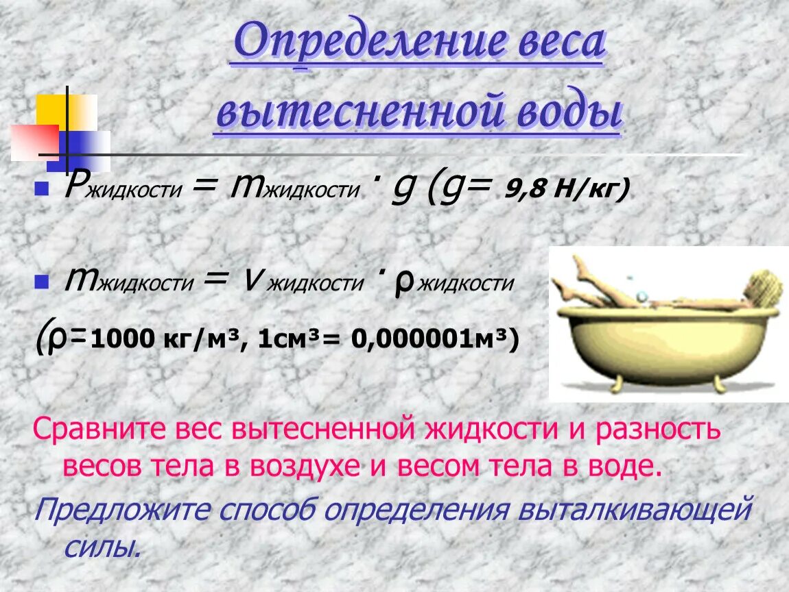 Масса воды в ванной. Масса вытесненной жидкости. Вес вытесненной воды. Как определить массу воды. Определение веса в жидкости.