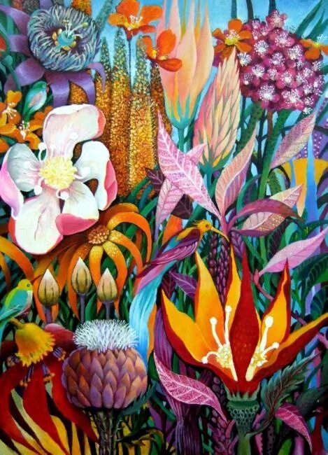 Холодный батик тропические цветы. Декоративная композиция цветы. Стилизованные цветы. Стилизованные цветы живопись.