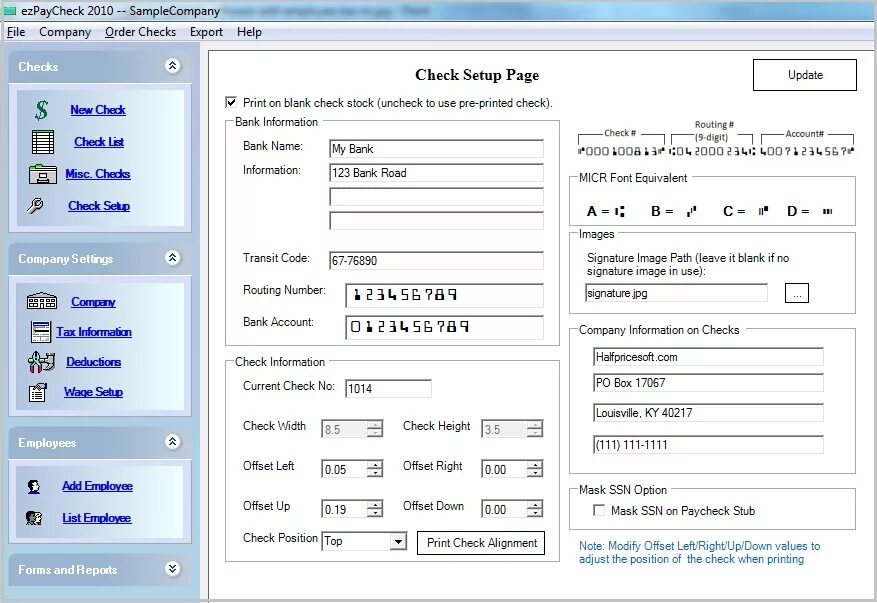 Check setup. The blank signature. transit check, daily check. check print format.