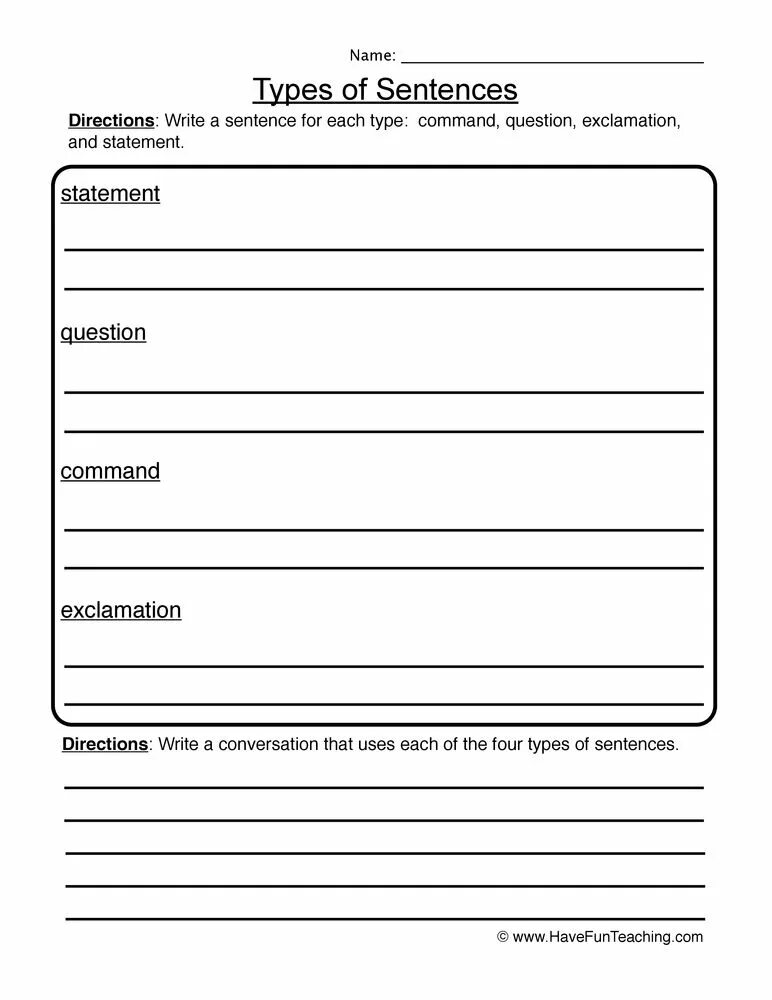 Sentence piece. Types of sentences. Types of sentences Worksheets. Kinds of sentences. Types of sentence Statement question Command exclamation Worksheet.