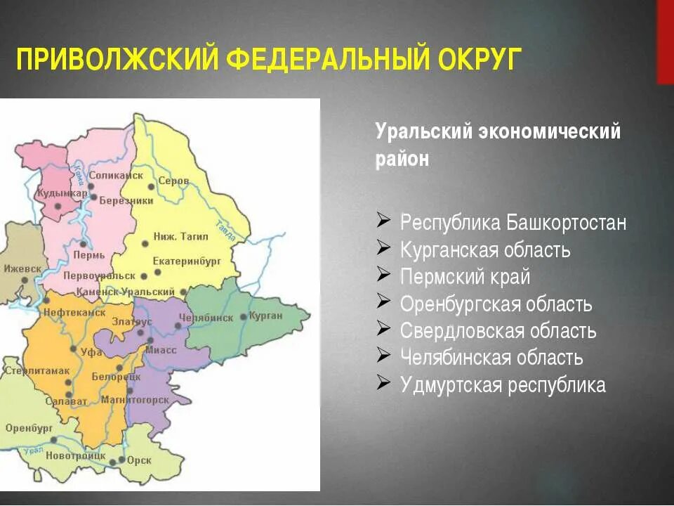 Субъекты экономического района урал. Приволжский федеральный округ субъекты РФ. Субъекты РФ Уральского экономического района. Приволжский и Уральский федеральный округ на карте России. Приволжсикйфедеральный округ.