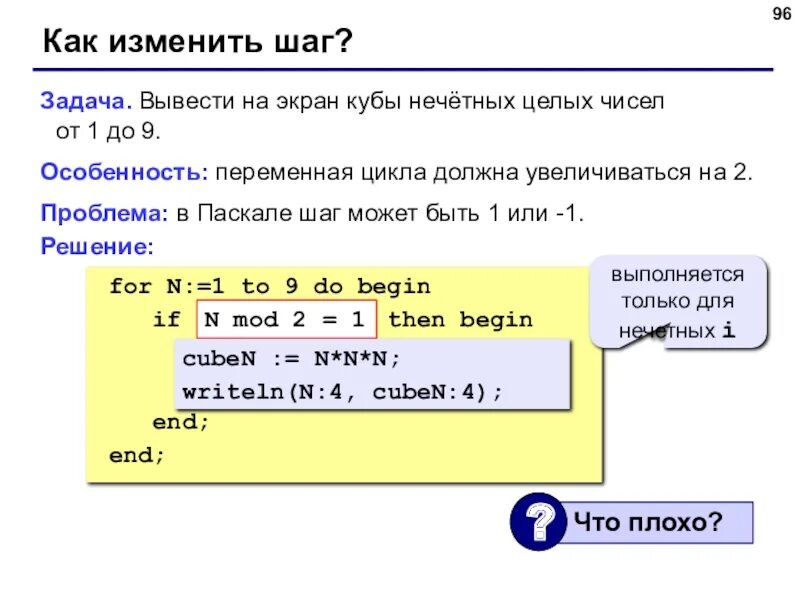 Программа вывод не чётных чисел. Вывести на экран целых чисел. Программа на Паскале вывести Кубы чисел. Как изменить шаг в цикле for в Паскале. Автомат получает на вход нечетное число