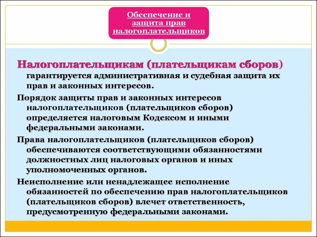 Налогоплательщики и плательщики сборов. Порядок защиты прав и законных интересов налогоплательщиков. Обеспечение защиты прав налогоплательщика.