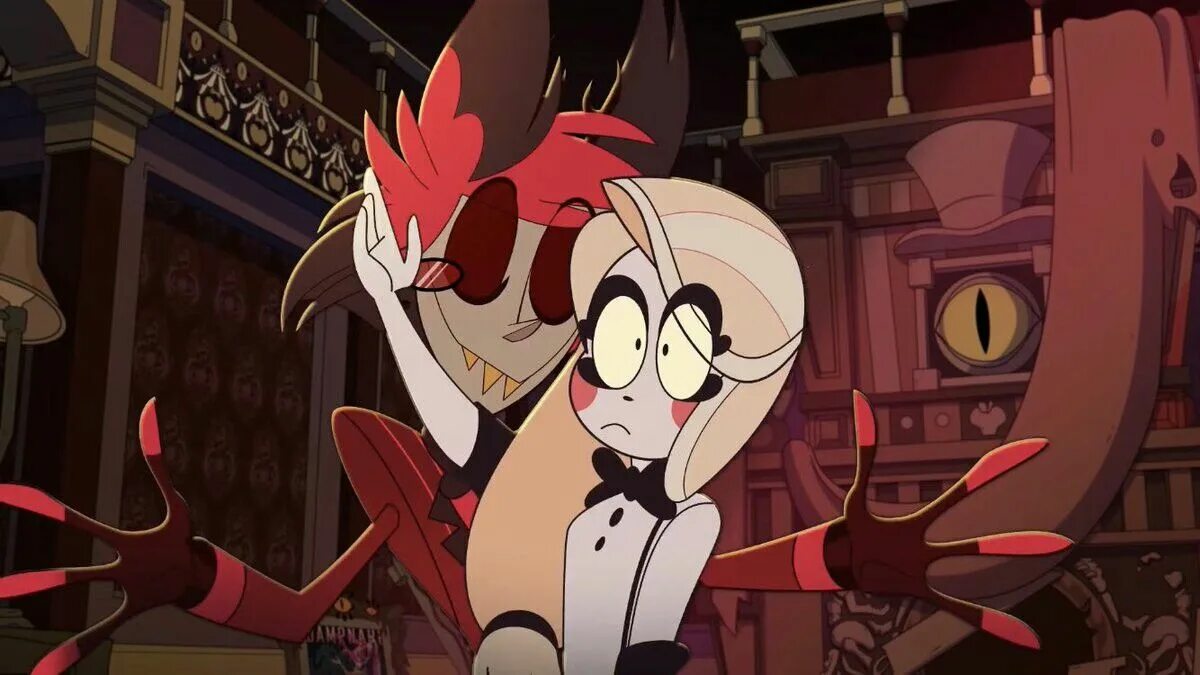 Alastor doing charlie animation. Мимзи отель ХАЗБИН. Hazbin Hotel Charlie x Alastor. Чарли отель ХАЗБИН кадры. Отель ХАЗБИН 2019.