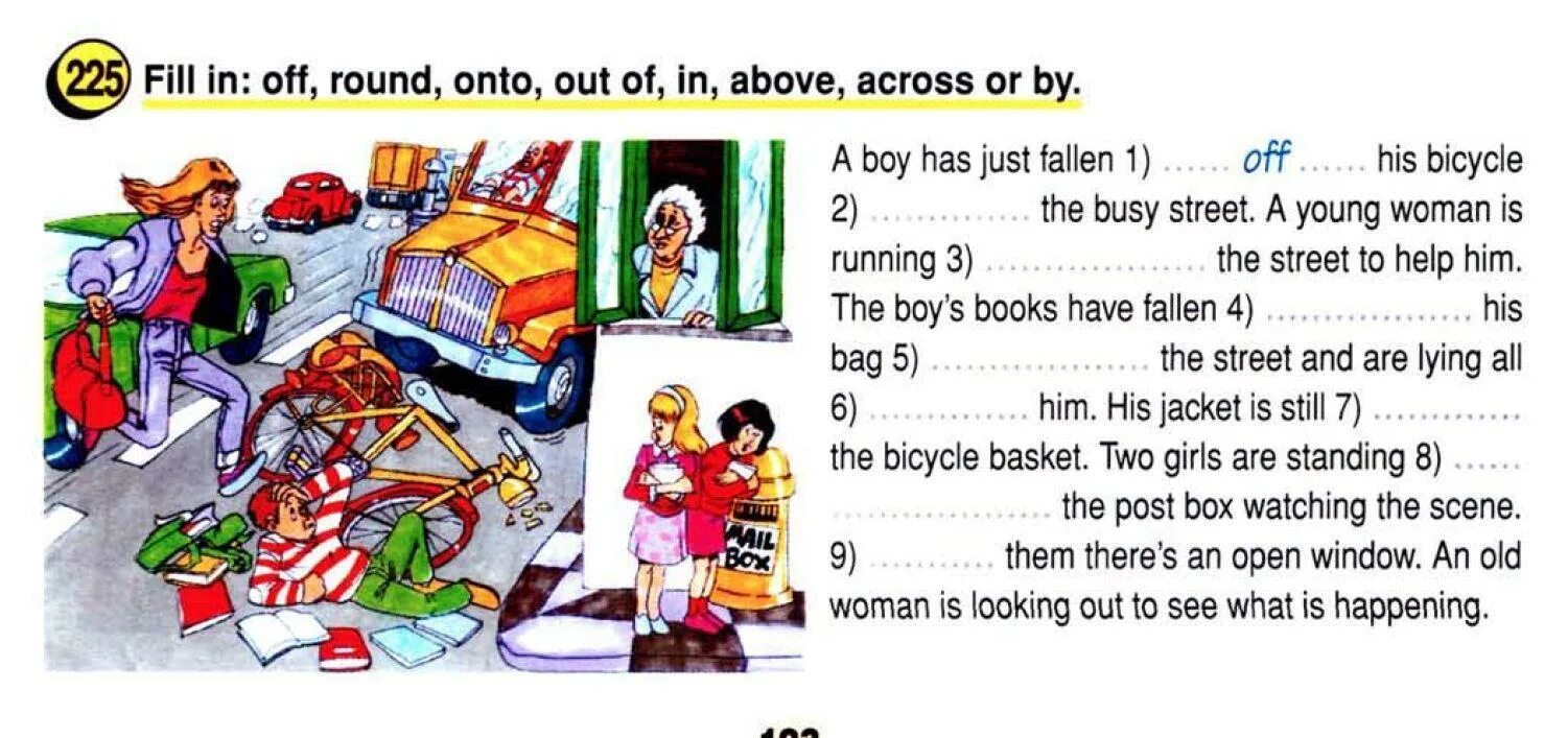 Fill in away off. Fill in fill out. A boy has just Fallen off his Bicycle in the busy Street a young woman is Running. Fill in Street. Just Fallen.