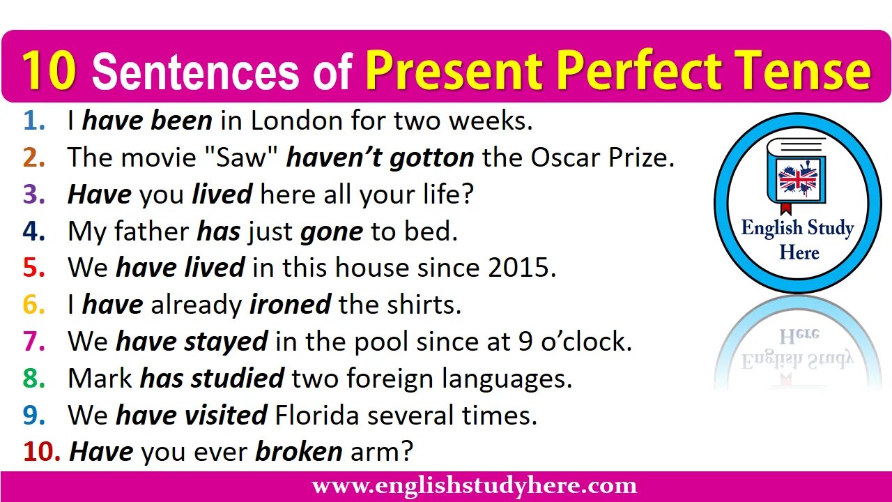 Ten years sentence. Present perfect sentences. Present perfect Tense sentences. The perfect present. The present perfect Tense.