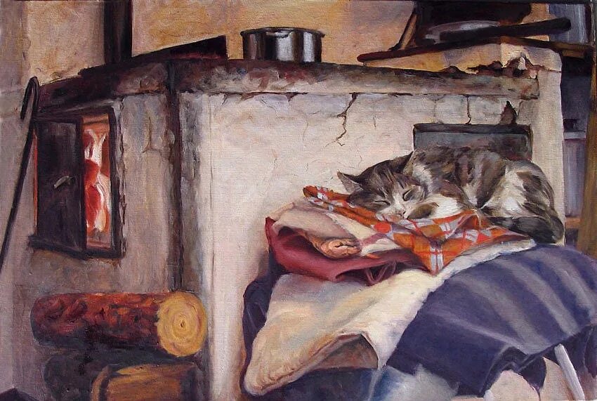 Кошка в избе. Кошка возле печки. Печка с кошкой. Спящий кот на печке. Тепло отчего дома