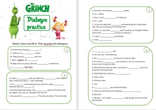 Dialogues practice. Гринч 2018 Worksheet. Гринч задания на английском. Гринч 2018 на английском. Гринч упражнения английский.