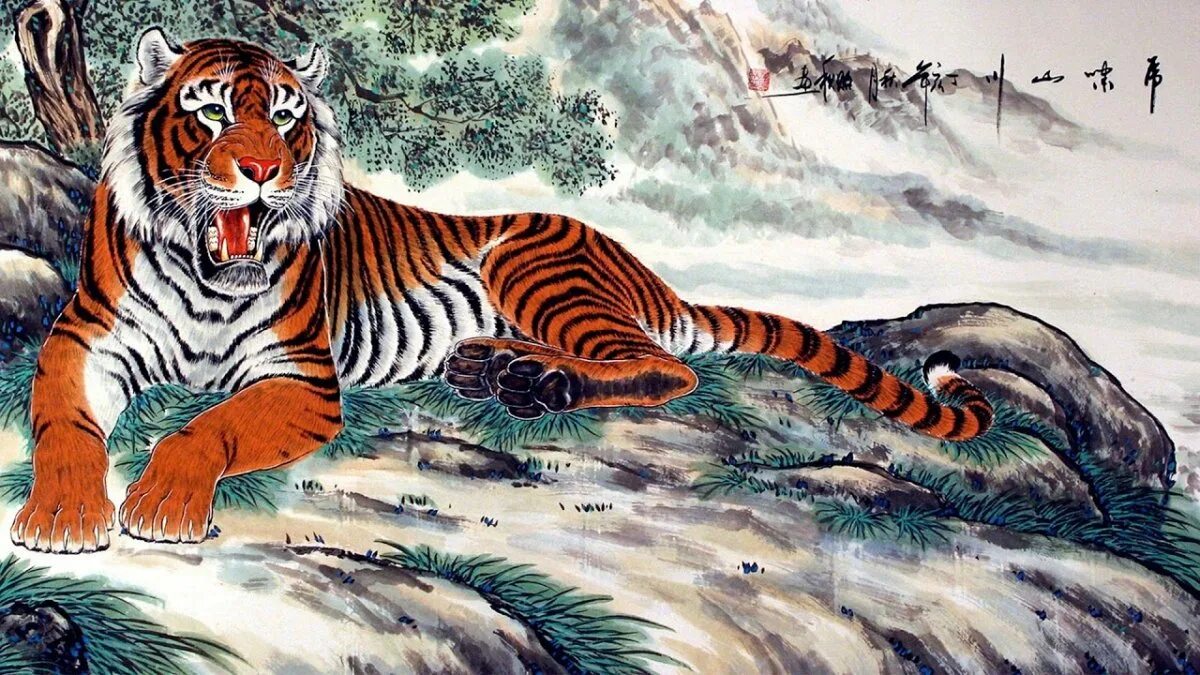 Тигр иллюстрация. Тигр рисунок. Китайский тигр. Традиционная китайская живопись тигр.
