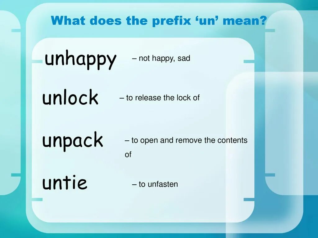 Prefixes im in il. Префикс un. Un префикс в английском. In un в английском. Приставка un в английском.