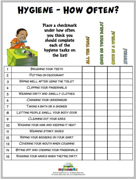 How often have you heard. Hygiene worksheet. how often tasks. personal hygiene worksheets. hygiene worksheets for kids.