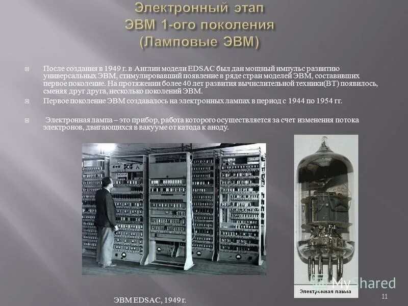 ЭВМ EDSAC, 1949 Г. ЭВМ Эдсак. Первое поколение ЭВМ ламповые компьютеры. Гибридные ЭВМ.