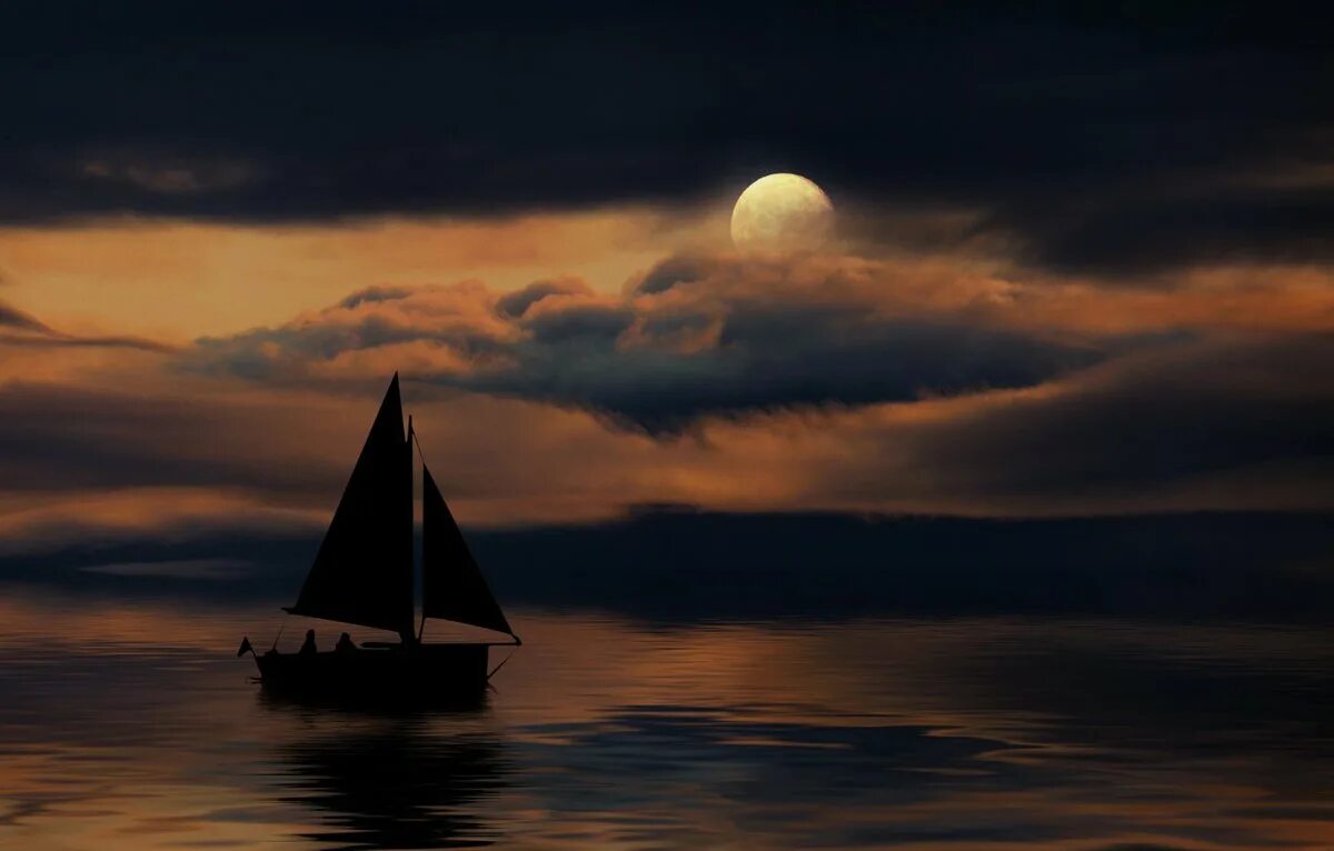 Ночь Луна море. Ночное море лодка. Луна над морем. Лодка в море ночью.