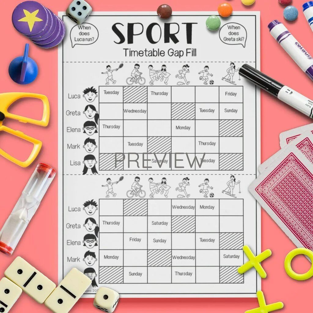 Fill in timetable. Sports timetable. esl timetable. gap fill activity. school timetable gap fill.