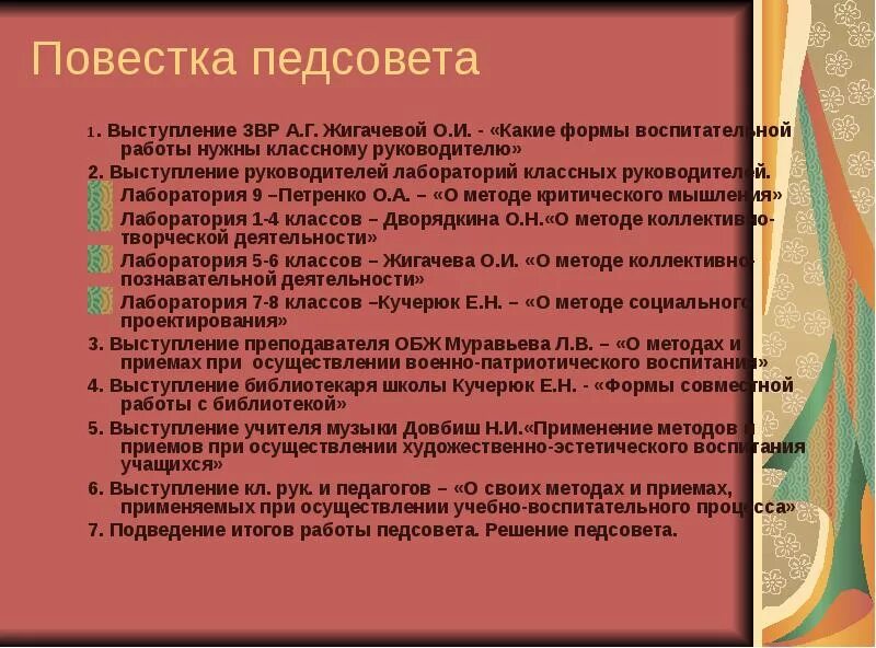 Педсовет выступление воспитание. Повестка педагогического совета. Выступление на педагогическом Совете. Темы выступлений по воспитательной работе. Тема выступления на педсовете по воспитательной работе.