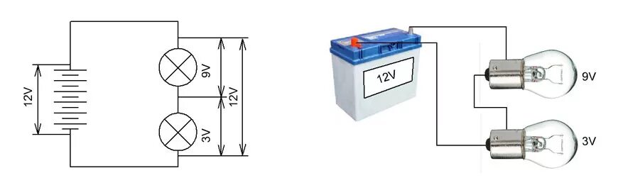 Почему 24 вольта. Схема подключения лампочки 12в. Схема параллельного соединения ламп 220. Схема подключения лампочки к аккумулятору. Схема подключения двух ламп 12 вольт.