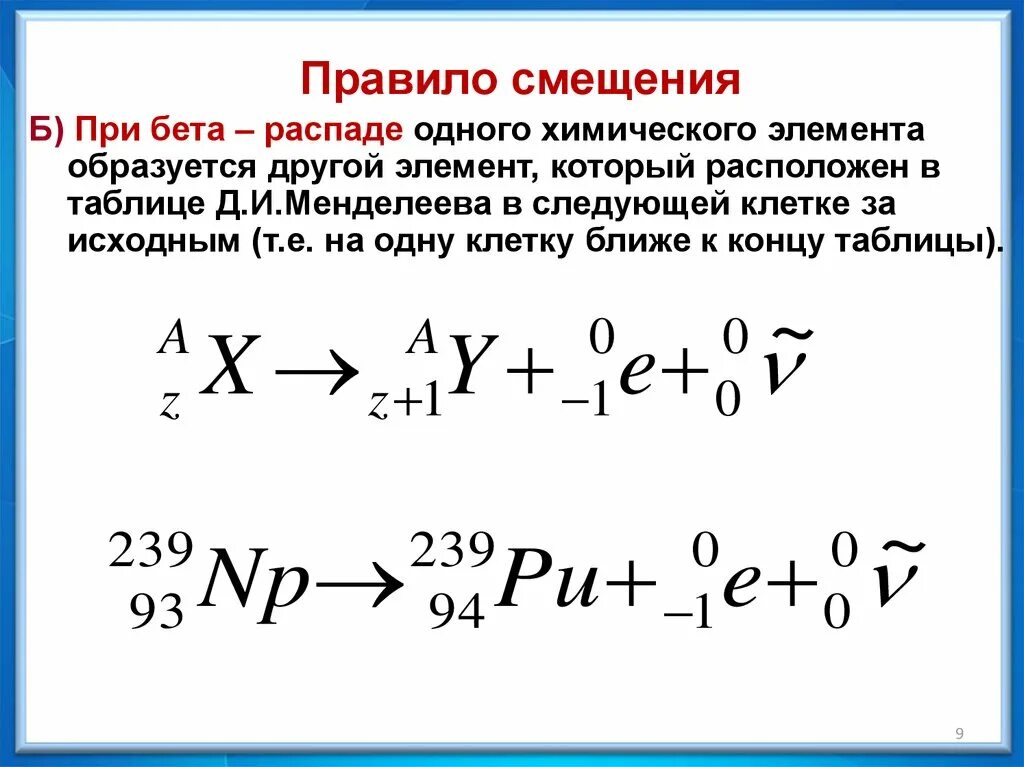 В какой элемент превращается после одного. Альфа и бета распад формула смещения. Альфа и бета распад 9 класс. Правила смещения при бета распаде. Правило смещения при Альфа-распаде формула.