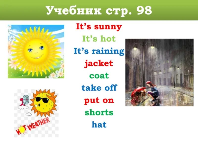 Its Sunny. Its Sunny 2 класс. It's Sunny it's hot it's raining Jacket Coat take off put on shorts hat транскрипция. It's Sunny it's hot it's raining. It s raining it s sunny