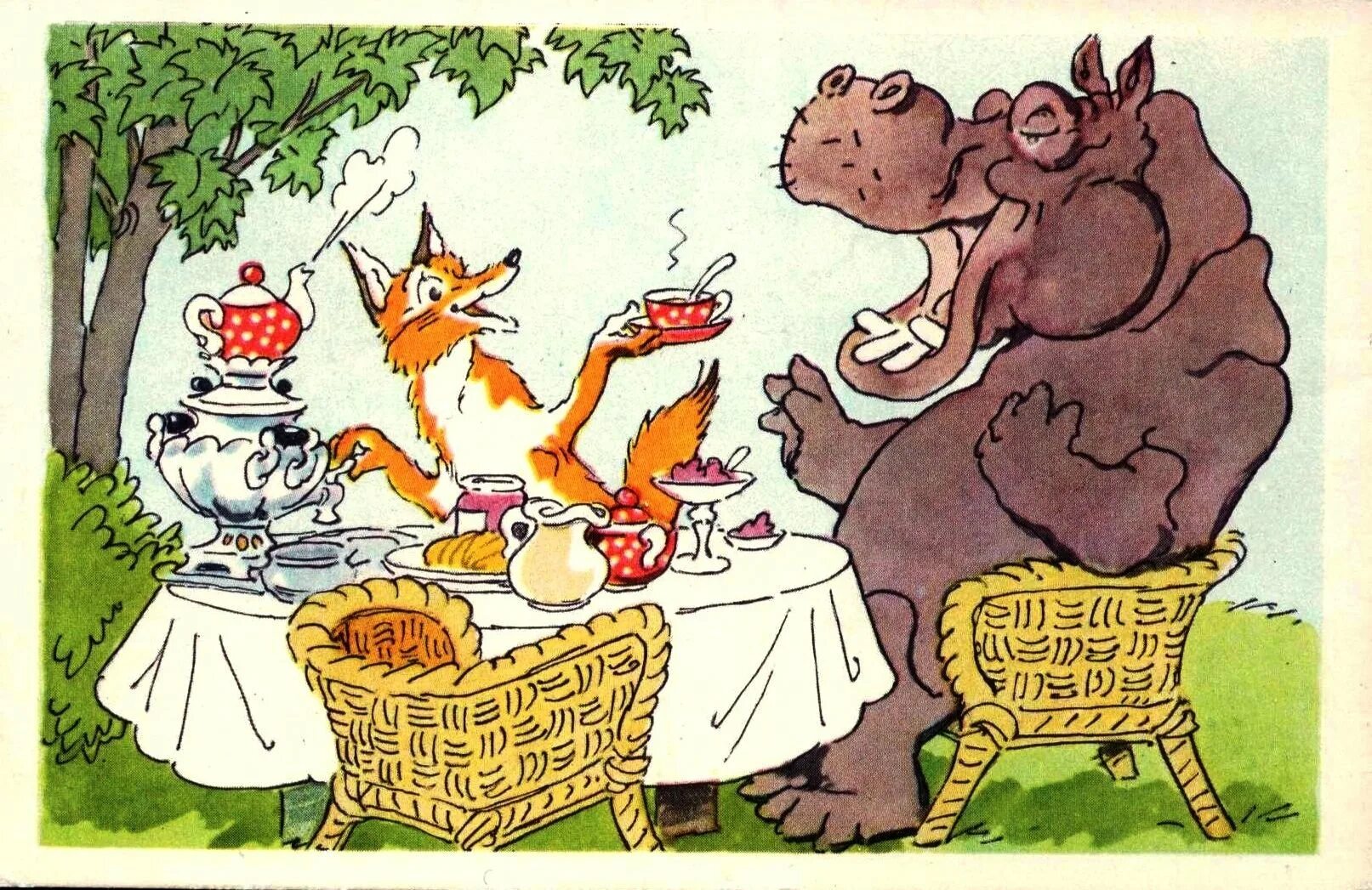 Сказка животных советские. Советские иллюстрации. Весёлое чаепитие. Чаепитие карикатура. Звери за столом.