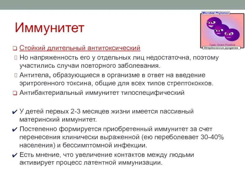 Иммунитет при стрептококковой инфекции. Иммунитет после стрептококковой инфекции. Патогенез стрептококковой инфекции. Иммунитет после перенесенной скарлатины.