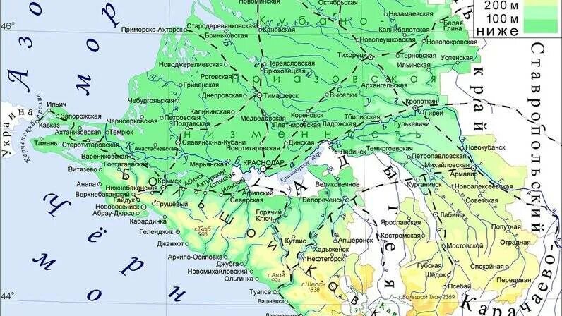 Карта Краснодарского края. Краснодар и Краснодарский край карта с городами и станицами. Карта Краснодарского края с поселками. Географическая карта Краснодарского края. Уровень высот краснодарского края