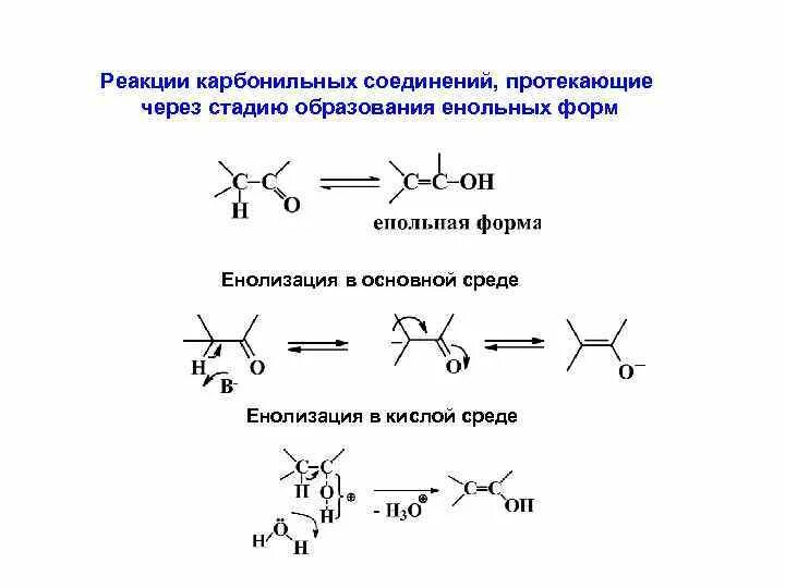 Енольная форма карбонильного соединения. Енолизация карбонильных соединений в условиях основного катализа.. Карбонильное соединение + NAHSO#. Устойчивость карбонильных соединений. Окисление карбонильных соединений