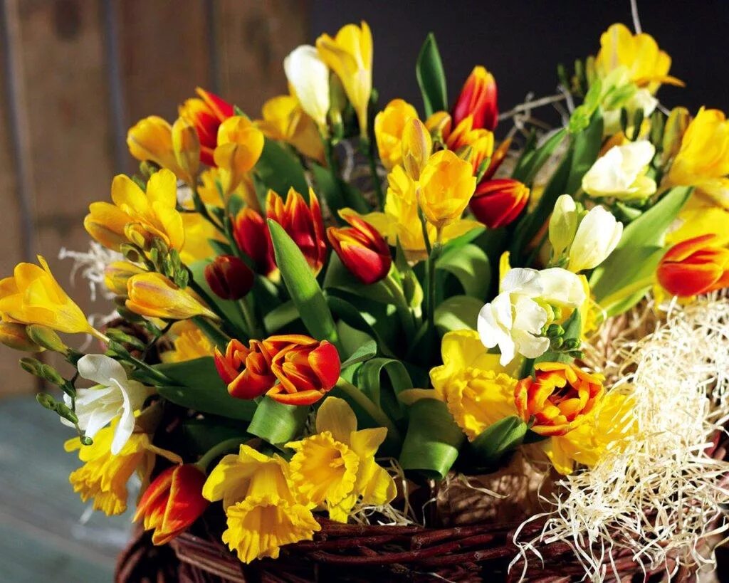 Открытки с днем рождения весенние цветы женщине. Мимоза фрезии тюльпаны. Фрезия нарциссы. Тюльпаны нарциссы и мимозы. Весенний букет.