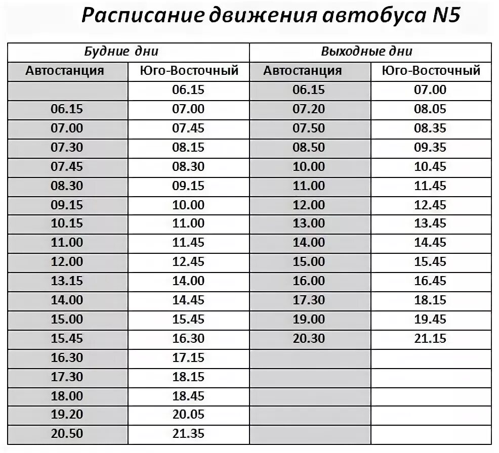 Расписание маршрутки номер 5