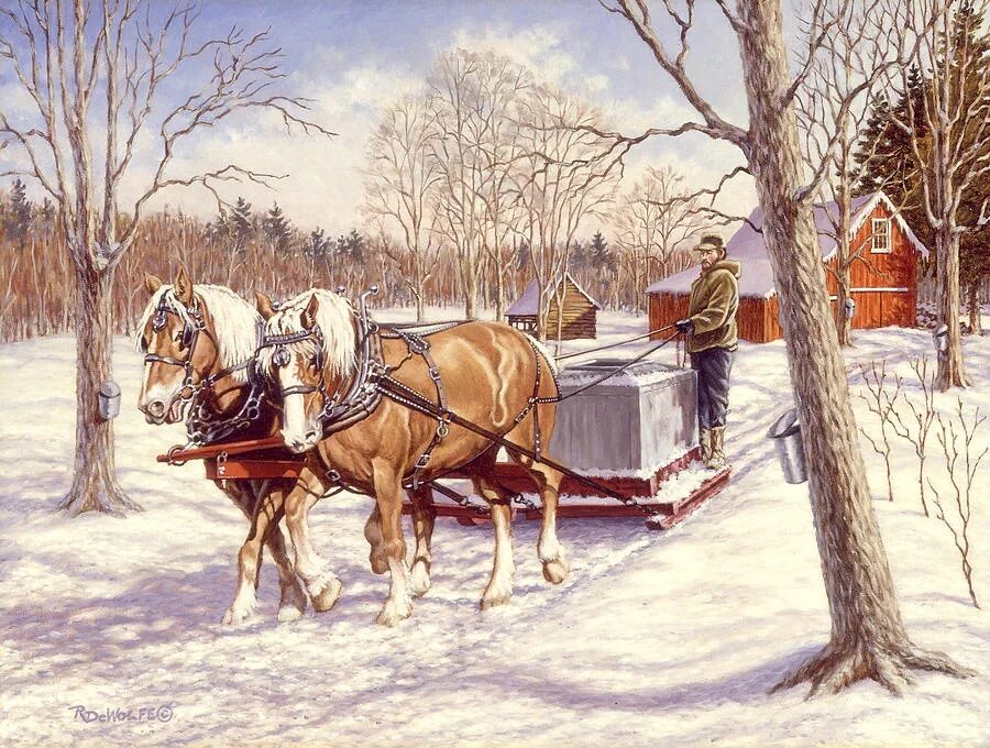 Еду к миленькой автор. Richard de Wolfe картины. Зимний пейзаж с лошадью. Лошадь с санями. Картина с санями.