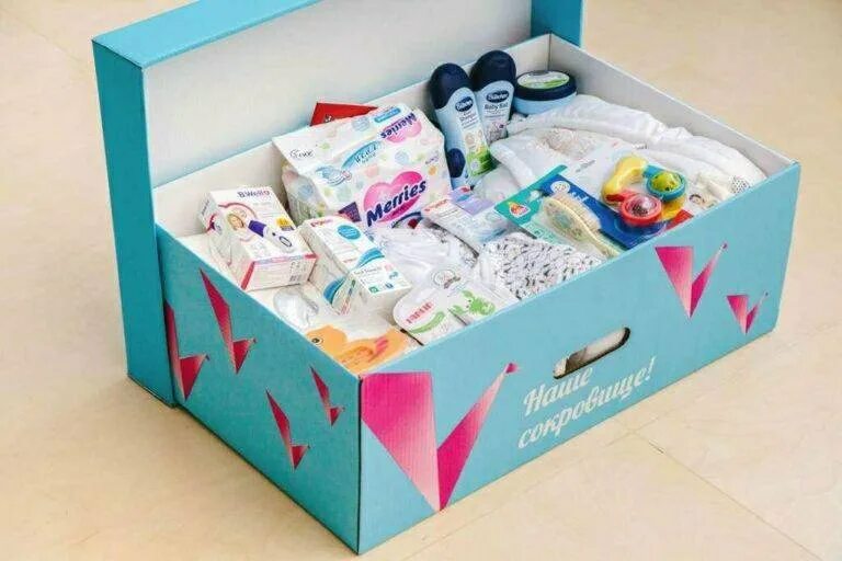 Подарочный набор для новорожденного в роддоме. Собянинские коробки для новорожденных. Финская коробка для новорожденных. Содержимое коробки. Подарочный набор для новорожденного в роддоме.