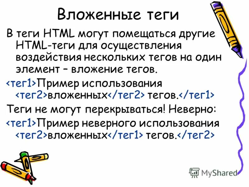 Некоторые теги. Вложенные Теги html. Html Теги вложенность. Вложение тегов html. Запись вложенных тегов примеры.