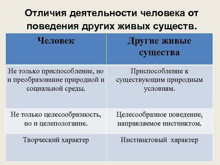 Отличие народа. Отличие деятельности человека от поведения других живых существ. Отличия деятельности человека от поведения животных таблица. Отличие деятельности от поведения. Отличия человеческой деятельности от поведения животных.