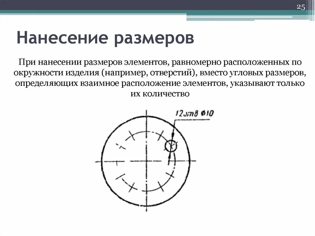 Размеры одинаковых элементов. Простановка угловых размеров. Поставновка размеров отверстий. Нанесение размеров отверстий. Нанесение размеров по окружности отверстий.