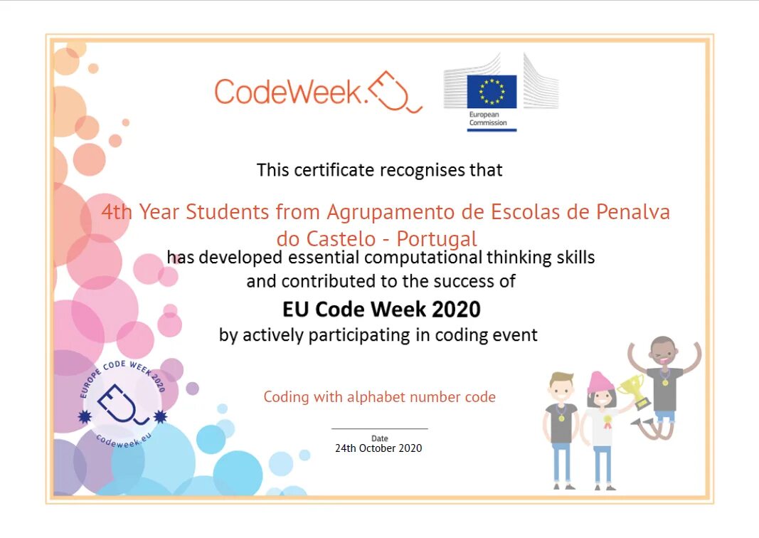 Eu code. Code week activity. Fairy Tale Certificate for participating. Code is weeks. Certificate for pupil's parents.