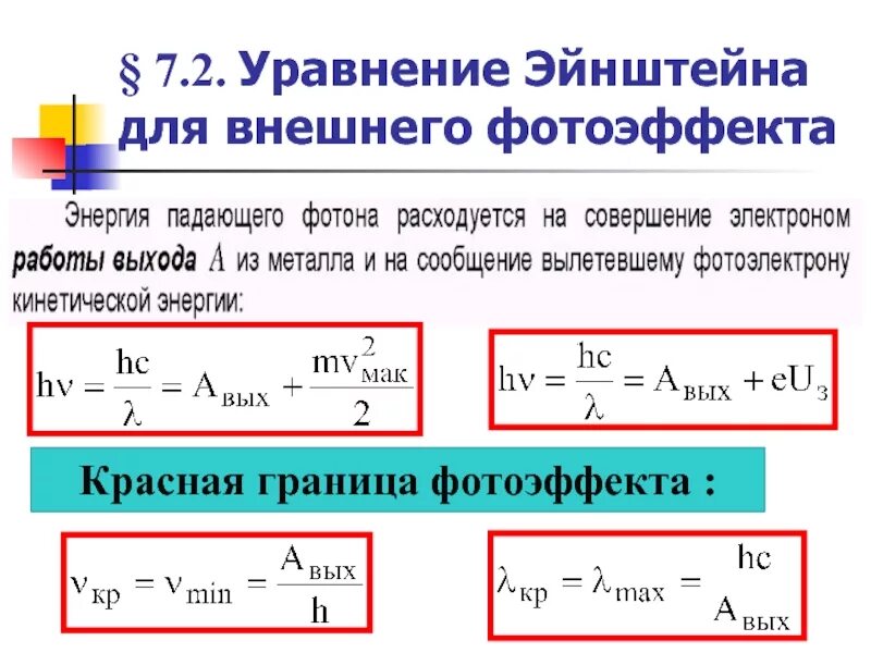 Красная граница фотоэффекта вывод формулы. Красная граница внутреннего фотоэффекта формула. Красная граница для внешнего фотоэффекта выражается формулой. Уравнение Эйнштейна для внешнего фотоэффекта. Как находится работа выхода