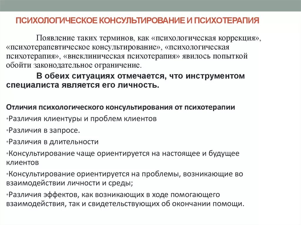 Психологическим консультированием называется. Отличия психотерапии и психологического консультирования. Психологическое консультирование и психотерапия. Метод консультирования и психотерапии. Направления психотерапии и психологического консультирования.