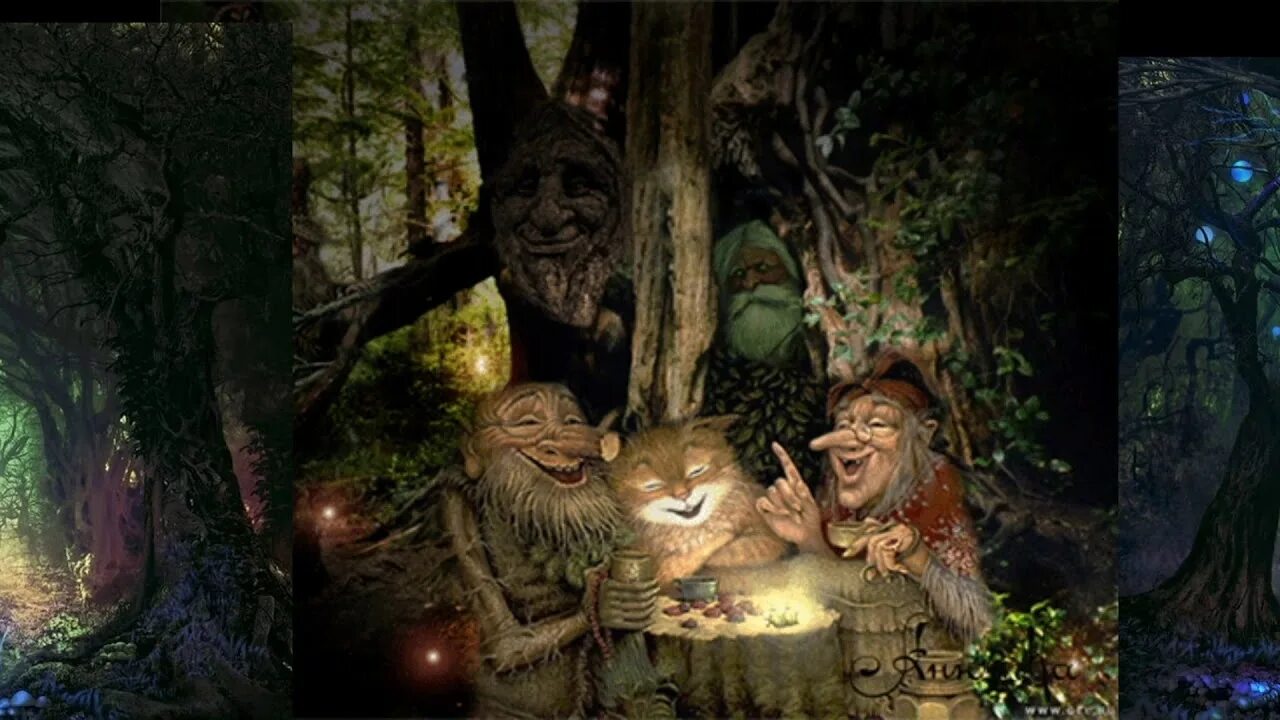Живет гномик в таинственном лесу. Баба Яга Леший Кикимора. Лес Лесная нечисть баба Яга. Леший, Кикимора, нечисть в лес. Домовой баба Яга Леший