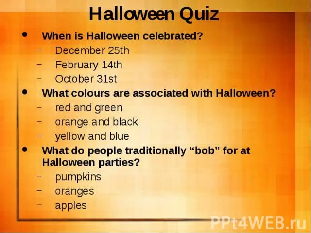 What colours are associated with halloween. Halloween quiz.