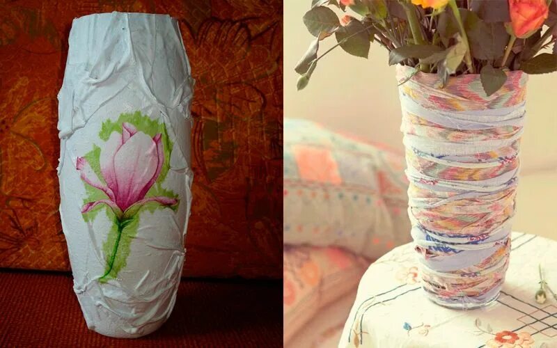 Декор вазы из ткани. Декоративные вазы своими руками. Ваза декорированная тканью. Вазы из бутылок. Как сделать вазу легко