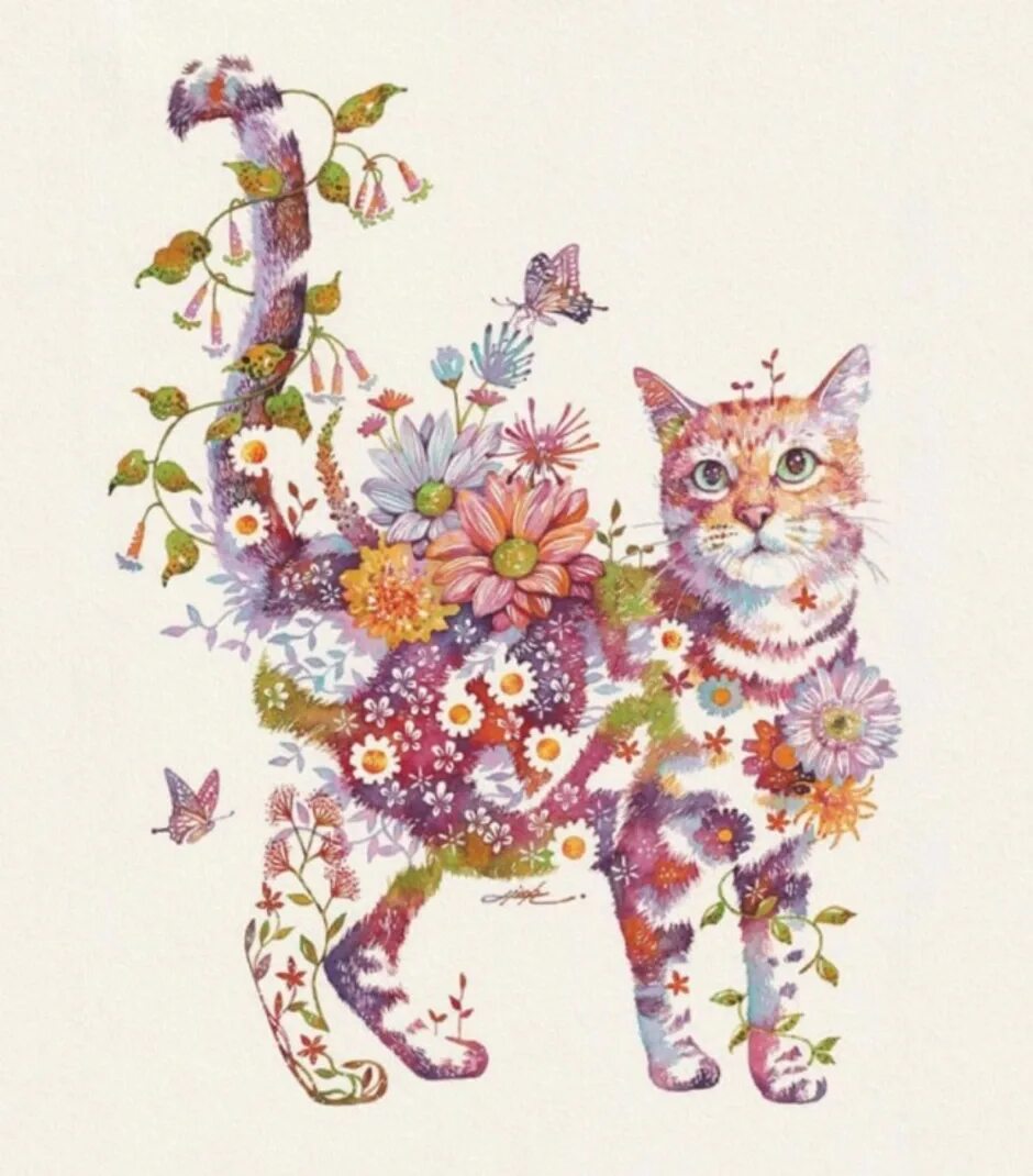 Художник Хироки Такеда. Художник Хироки Такеда животные. Японский художник Hiroki Takeda. Рисунок кота с цветами