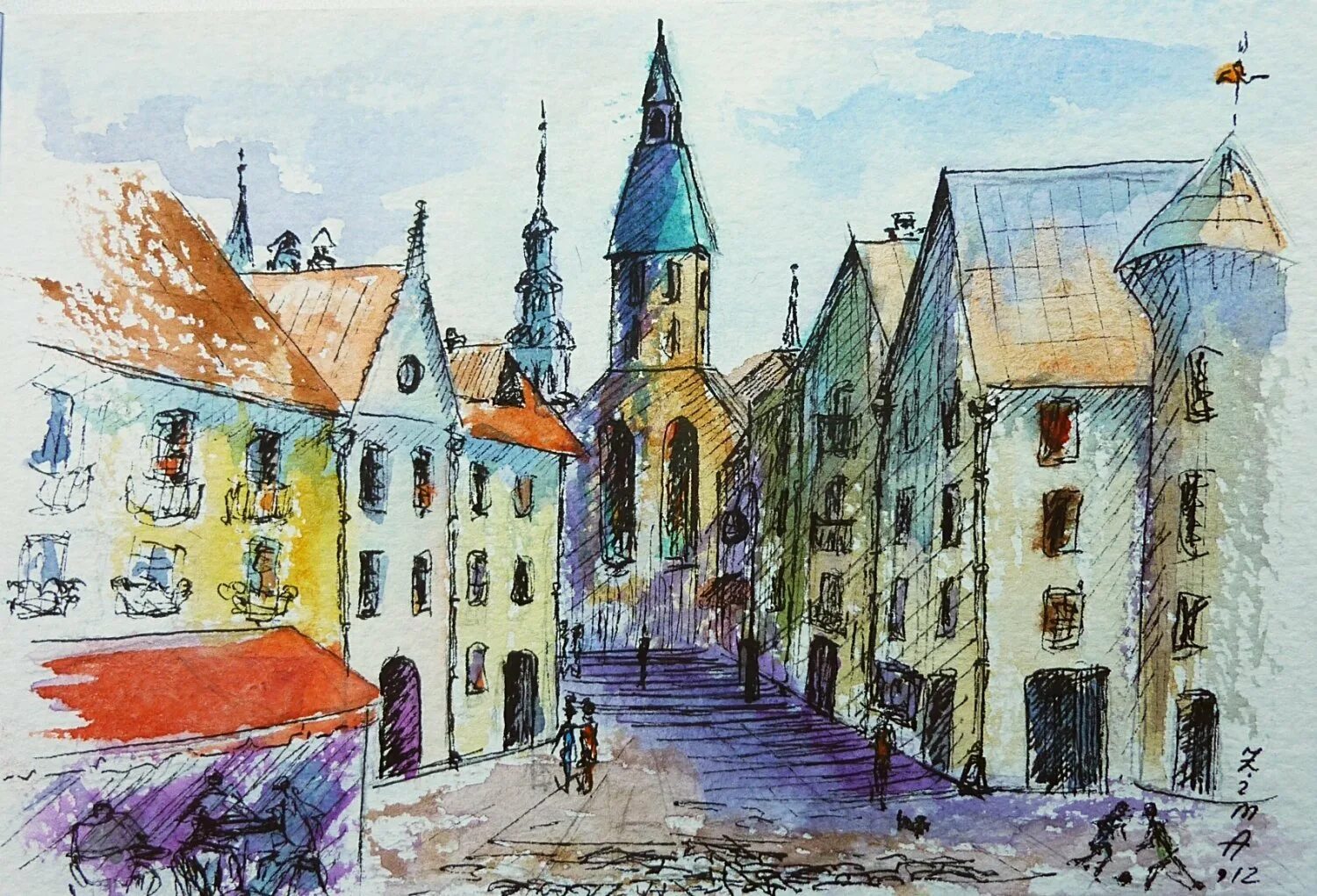 Нарисовать площадь средневекового города. Пейзаж с архитектурой. Город рисунок. Акварельные зарисовки. Городской пейзаж цветными карандашами.