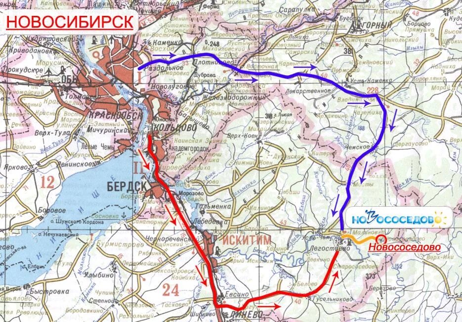 Новосибирск обь расстояние. Новососедово на карте. Искитим Новосибирск карта. Новососедово Новосибирская область. Искитим Новососедово.