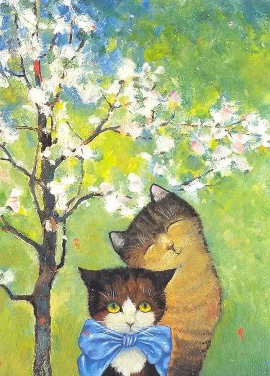 Открытки с первым днем весны и кошек. Кот картина. Мартовский кот. Котенок живопись.
