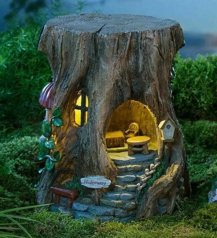 Two-Story Fully-Furnished Solar Lighted Fairy House in a Stump Wind and Weather 