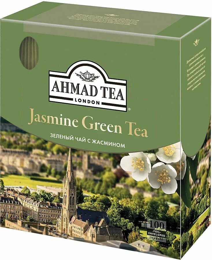 Ахмад зеленый с жасмином 100 пакетиков. Jasmine Green Tea Ahmad. Чай зеленый Ahmad Tea. Чай зеленый Ahmad Tea с жасмином.