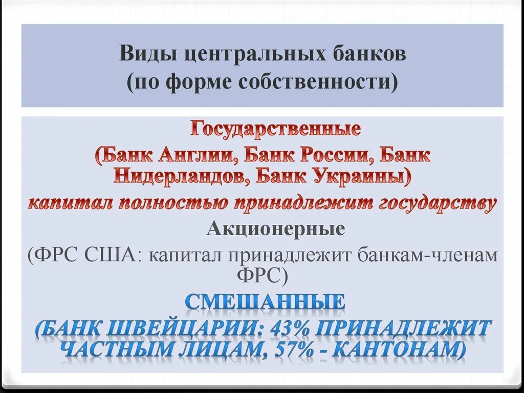 Виды центральных банков. Формы собственности центральных банков. Виды банков по форме собственности. Форма собственности банков России.