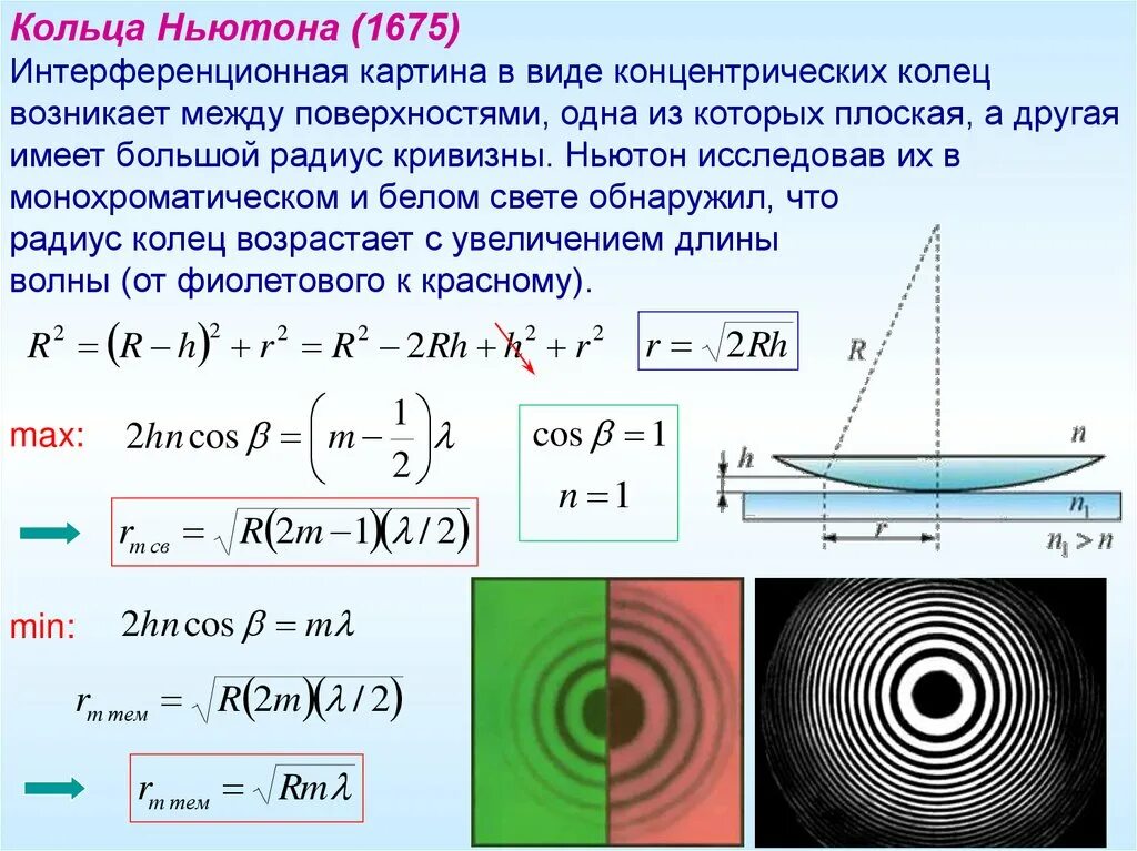Стекло ньютона. Интерференционная картина кольца Ньютона. Формула для темных колец Ньютона. Радиусы темных интерференционных колец Ньютона. Формула колец Ньютона для тёмных колец.