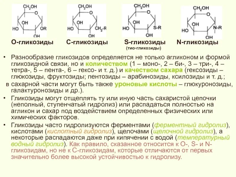 Растение гидролиз. Биороль гликозидов. Понятие об о-, n- гликозидах. N гликозиды. Гликозиды строение.